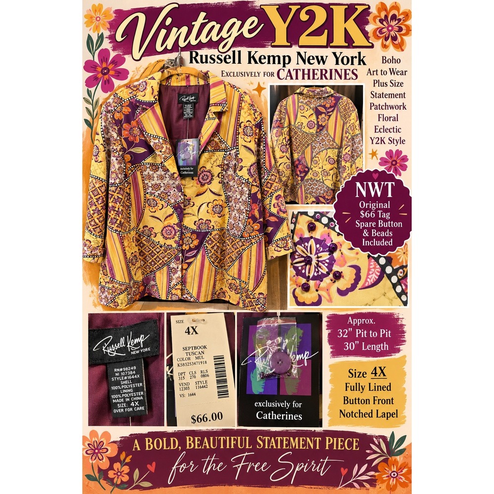 Vintage Y2K Russell Kemp Catherines 4X Patchwork Floral Blazer NWT Art to Wear
